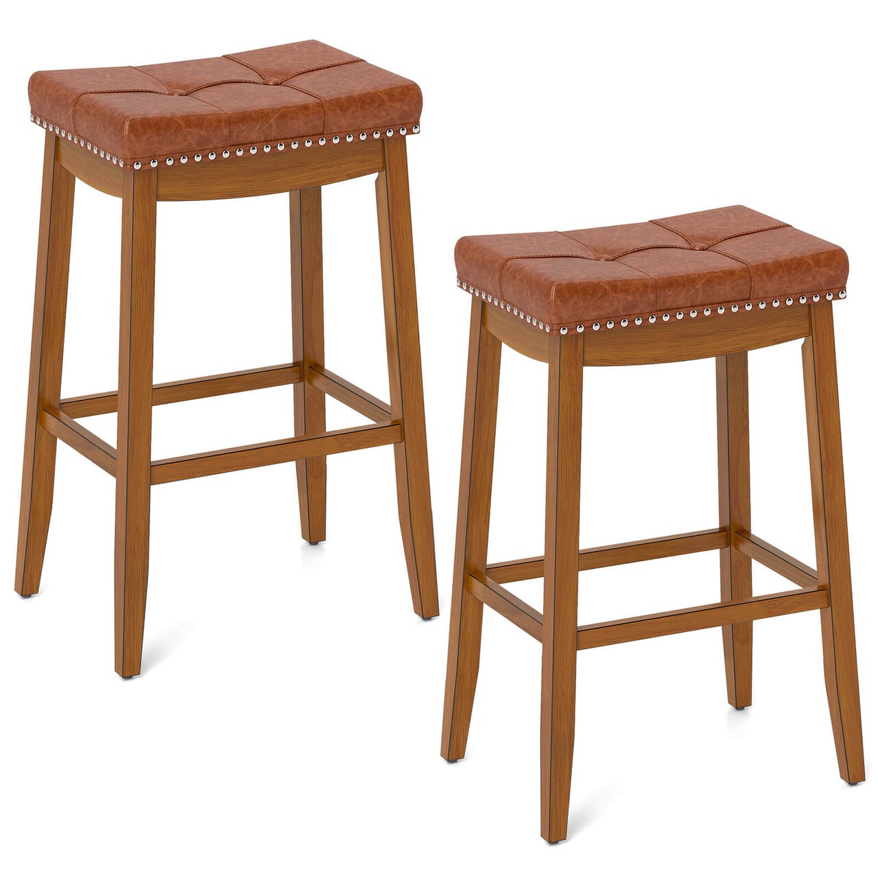 Costway 29" Bar Height Stools Set of 2/4 with PU Leather Seat Solid Rubber Wood Frame